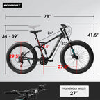 26 inch Mountain Bike, Full-Suspension 21 Speeds Drivetrain with Disc-Brake MTB Bicycle, 4" Fat tire Bike for Men or Women.