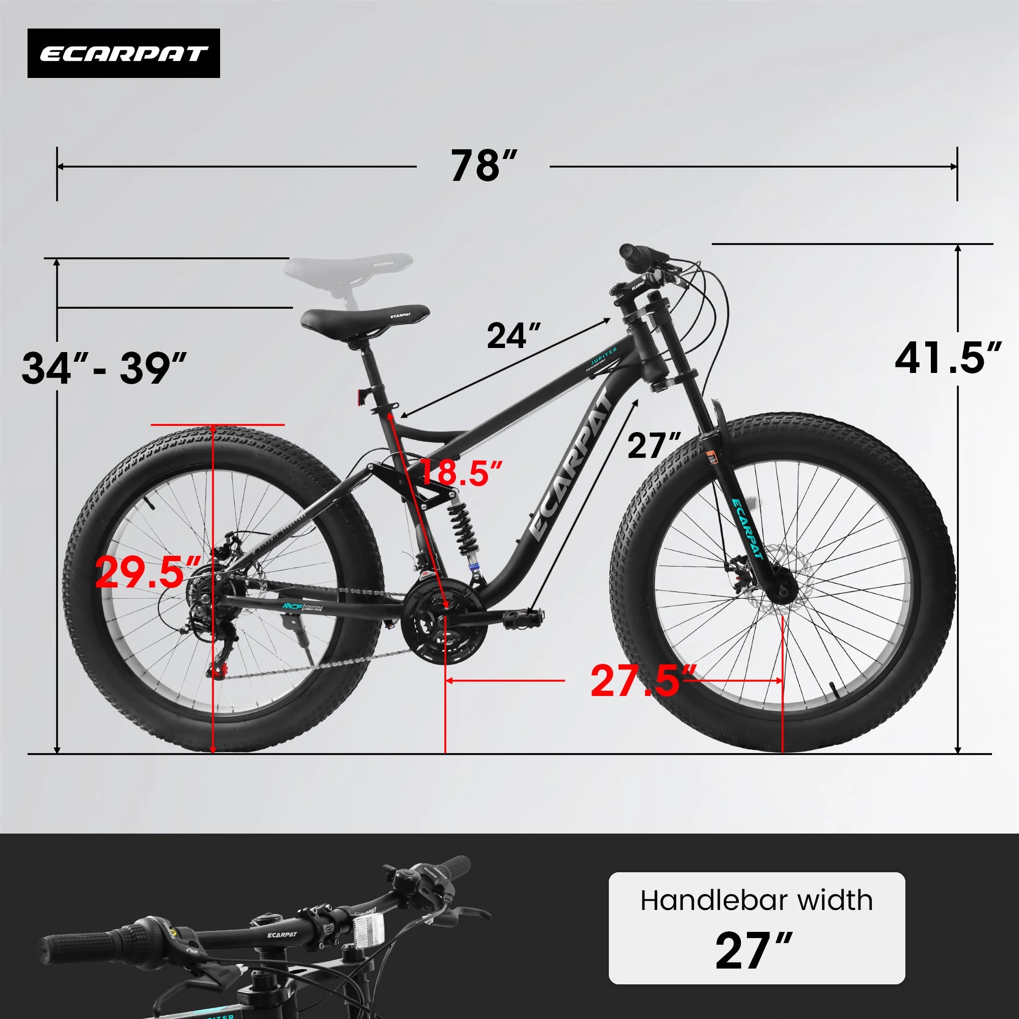 26 inch Mountain Bike, Full-Suspension 21 Speeds Drivetrain with Disc-Brake MTB Bicycle, 4" Fat tire Bike for Men or Women.