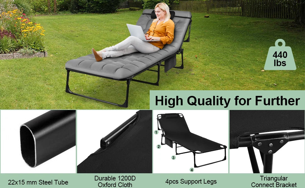 Portable Folding Camping Cot -
3-Position Adjustable Reclining Lounge Chair
 with Pillow, Outdoor Sleeping Bed (68cm Wide)