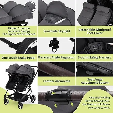 Double Stroller for Newborn and Toddler, 
 with Lightweight Compact Fold, Adjustable Cancline