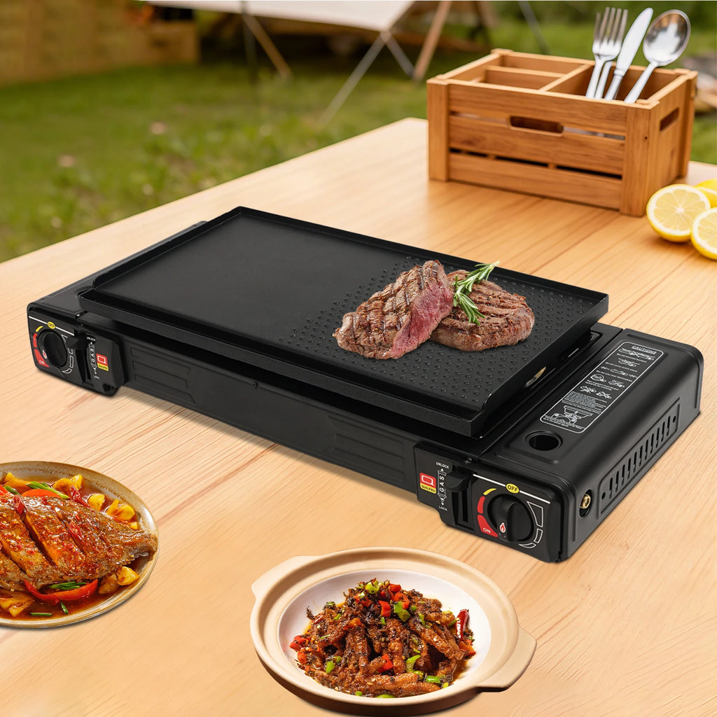 2 Burners-- Portable Camping Stove,     2.5KW Auto Ignition
Butane/LPG Gas  w/Baking Tray+Carrying Case for RV Outdoor Picnic BBQ