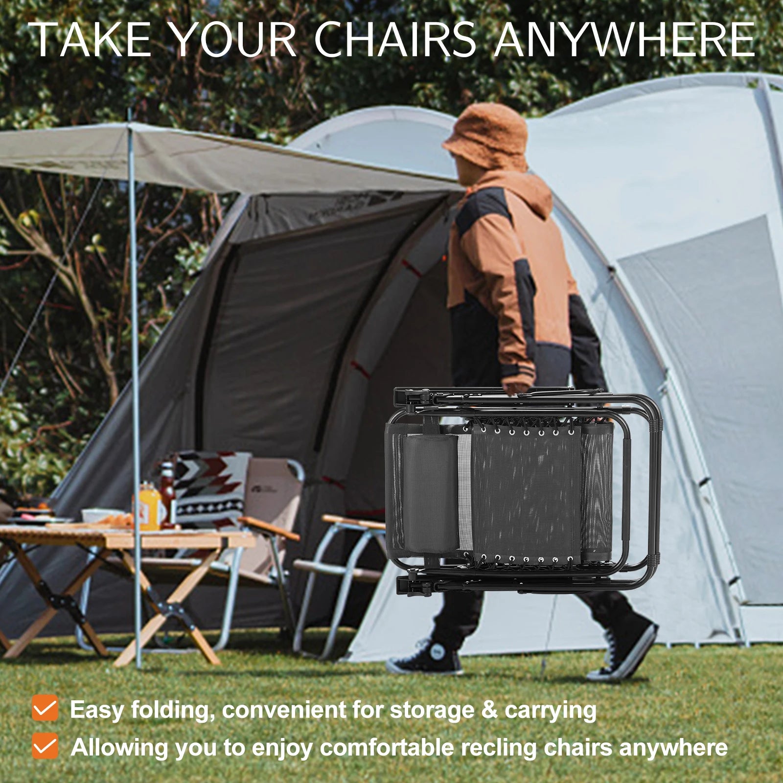 Zero Gravity Set of 2 Portable Recliners
Camping ,Patio , Outdoor Garden Lounge Chair with Cup Holder ,Trays & Adjustable Pillow