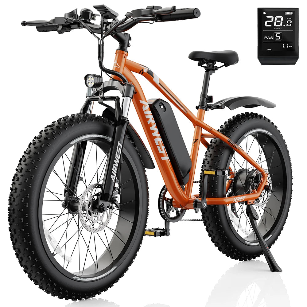 Airwest X5 Adult Electric Bike, 
750W Peak Power, 48V 13Ah Battery, 
20“*4 Fat Tire Ebike, 28MPH, UL 2849, 1 Year Warranty