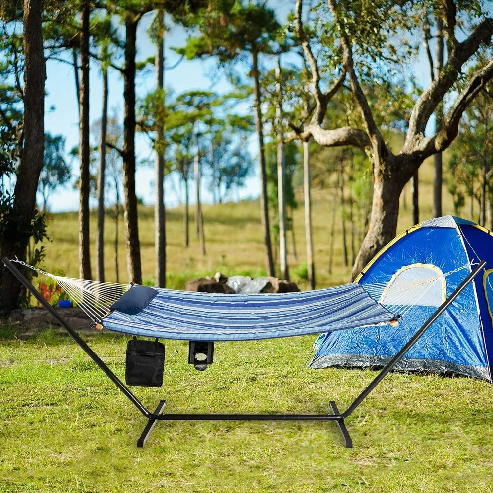 Tangkula Double Hammock with Stand, 
2 Person 12Ft Steel  with Cotton Hammock,
Pillow, Cup Holder, Carry Bag, Indoor