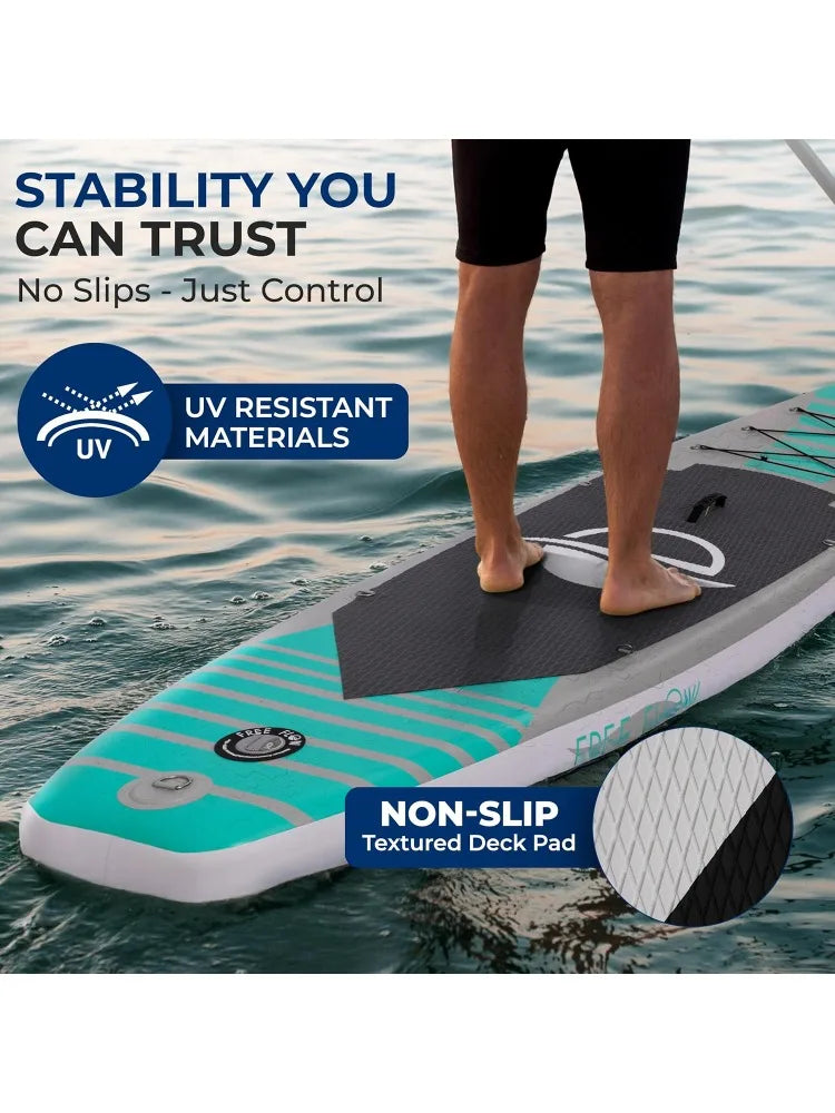 Inflatable 10’ Stand Up Paddle Board with 32” Wide Platform – 
Non-Slip EVA Deck, Drop-Stitch Construction, 3-Piece Al