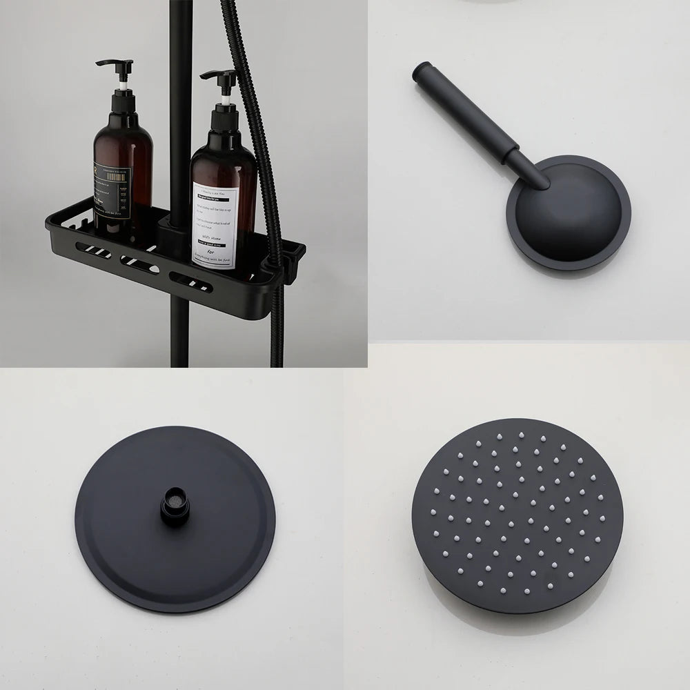 ZAPPO Matte Black Bathroom Shower Set 8 inch Rainfall , Wall Mounted 3-4 Function System & ABS Shelf