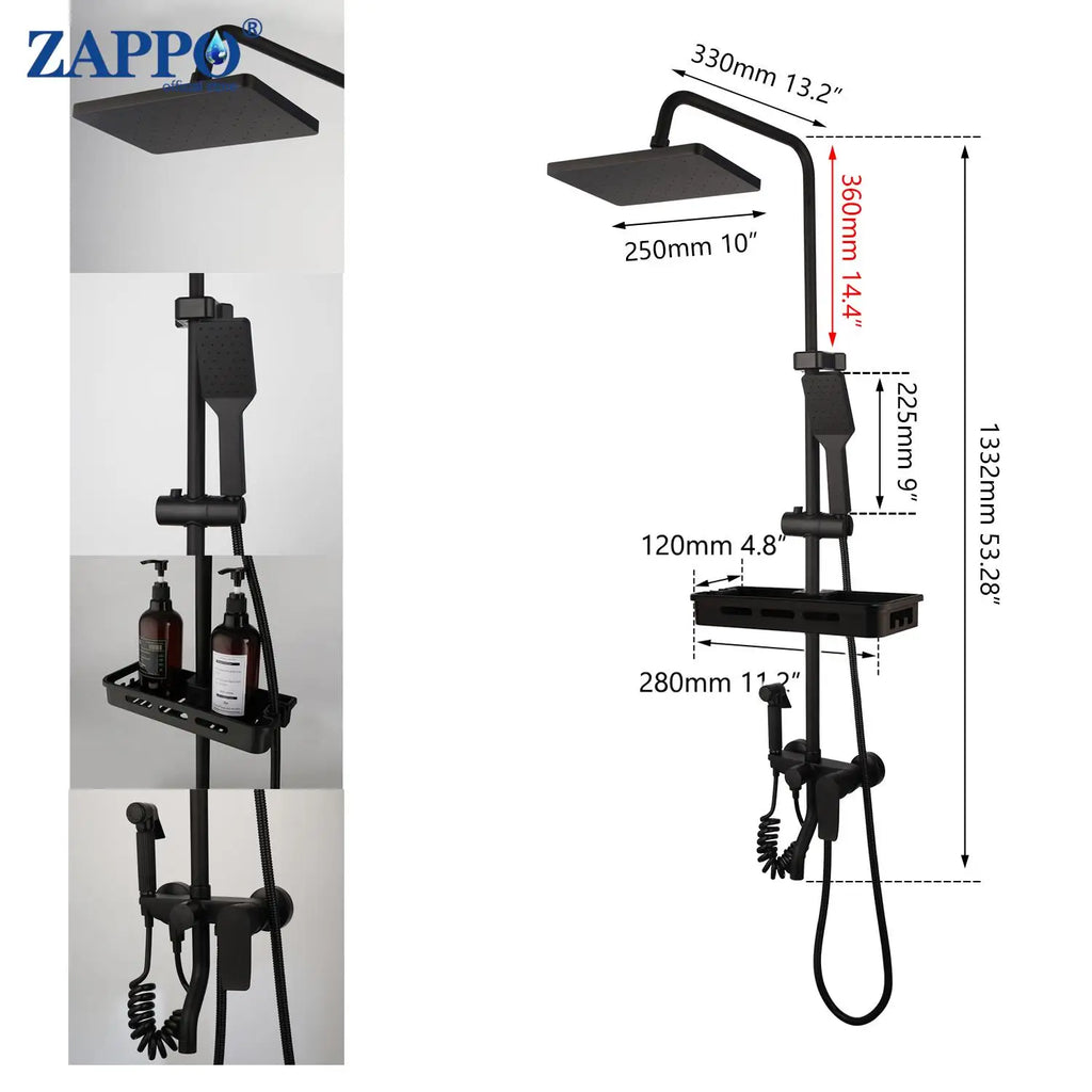 ZAPPO Matte Black Bathroom Shower Set 8 inch Rainfall , Wall Mounted 3-4 Function System & ABS Shelf