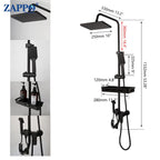 ZAPPO Matte Black Bathroom Shower Set 8 inch Rainfall , Wall Mounted 3-4 Function System & ABS Shelf