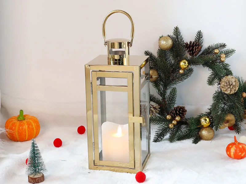 Stainless Steel Candle Holder Lantern
Gold Hanging  Metal Candlestick Light 
for Indoor -  Outdoor ,  Weddings, Parties, Home Decor