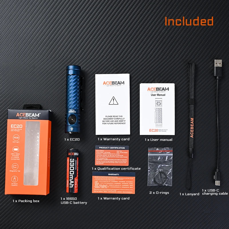 ACEBEAM EC20 new released Led flashlight
EDC LUXEON HL4X Leds 2800 lumens 
340 meters 18650 battery multi-color auxiliary lights