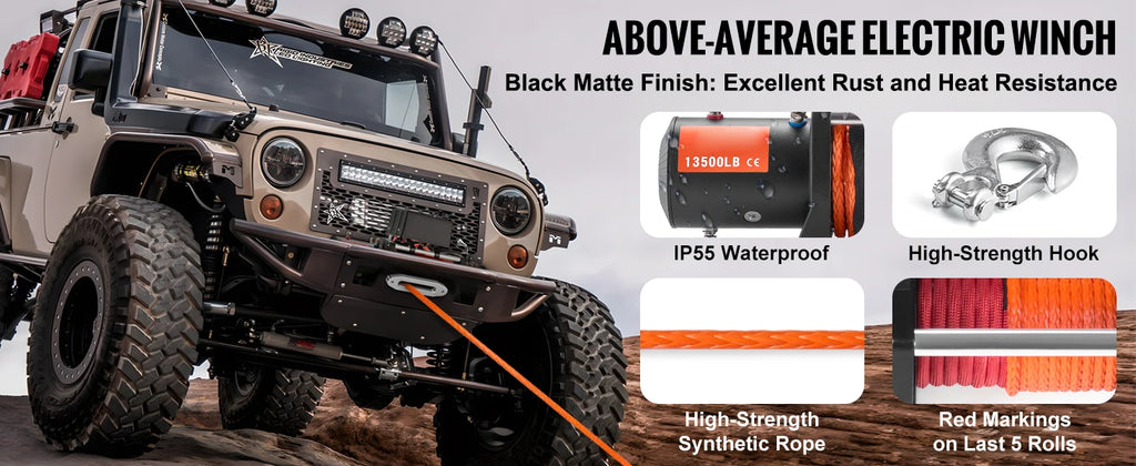 SucceBuy 13500lbs Electric Winch 
Car, Truck  with 80ft Synthetic Rope 
Wireless & Wired Remote Control for Towing Off-Road