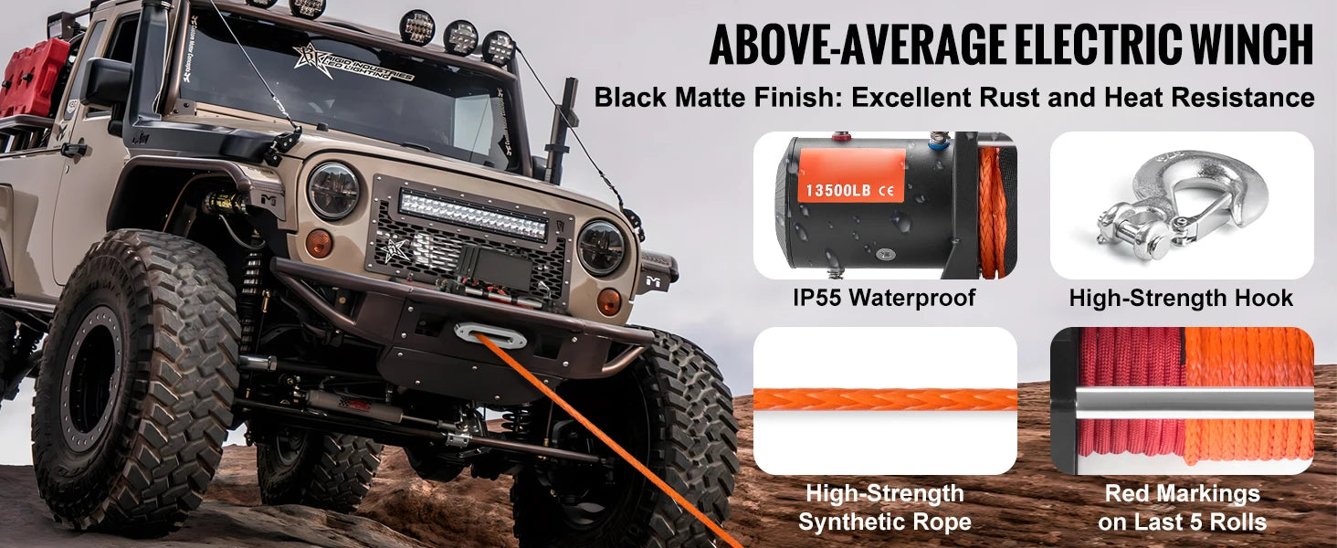 SucceBuy 13500lbs Electric Winch 
Car, Truck  with 80ft Synthetic Rope 
Wireless & Wired Remote Control for Towing Off-Road