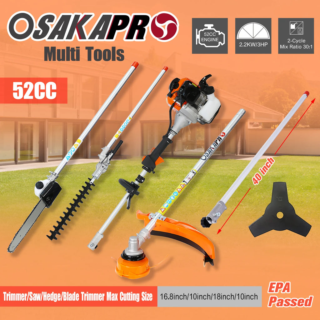 10 in 1 Multi-Functional Trimming Tool, 
52CC 2-Cycle Garden Tool System with Gas Pole Saw,
Hedge Trimmer, Grass Trimmer