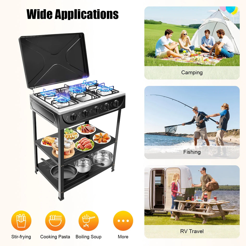 5-Burner Gas Stove 
Outdoor Camping Cooking BBQ Grill With 2-Tier Storage Rack