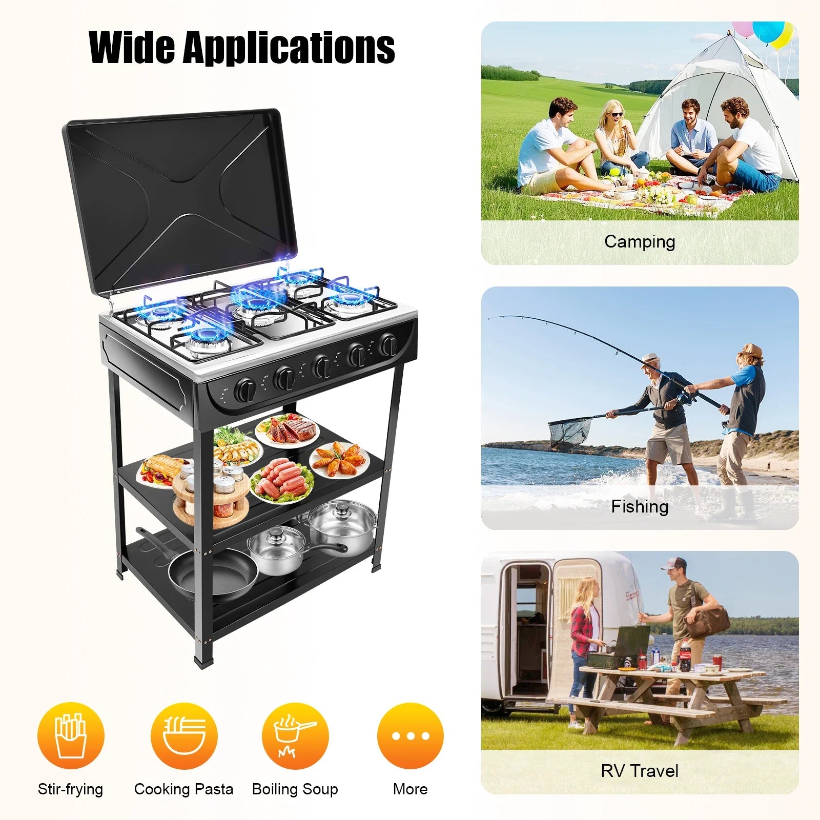 5-Burner Gas Stove 
Outdoor Camping Cooking BBQ Grill With 2-Tier Storage Rack