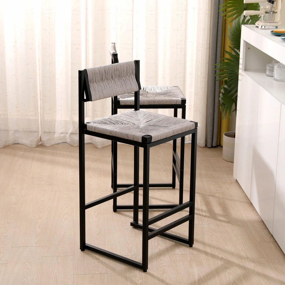 Gray Set of 2 Hand Weave Bar Stools with Back
Counter Height Bar. Paper Rope Woven for Kitchen Home & Office
