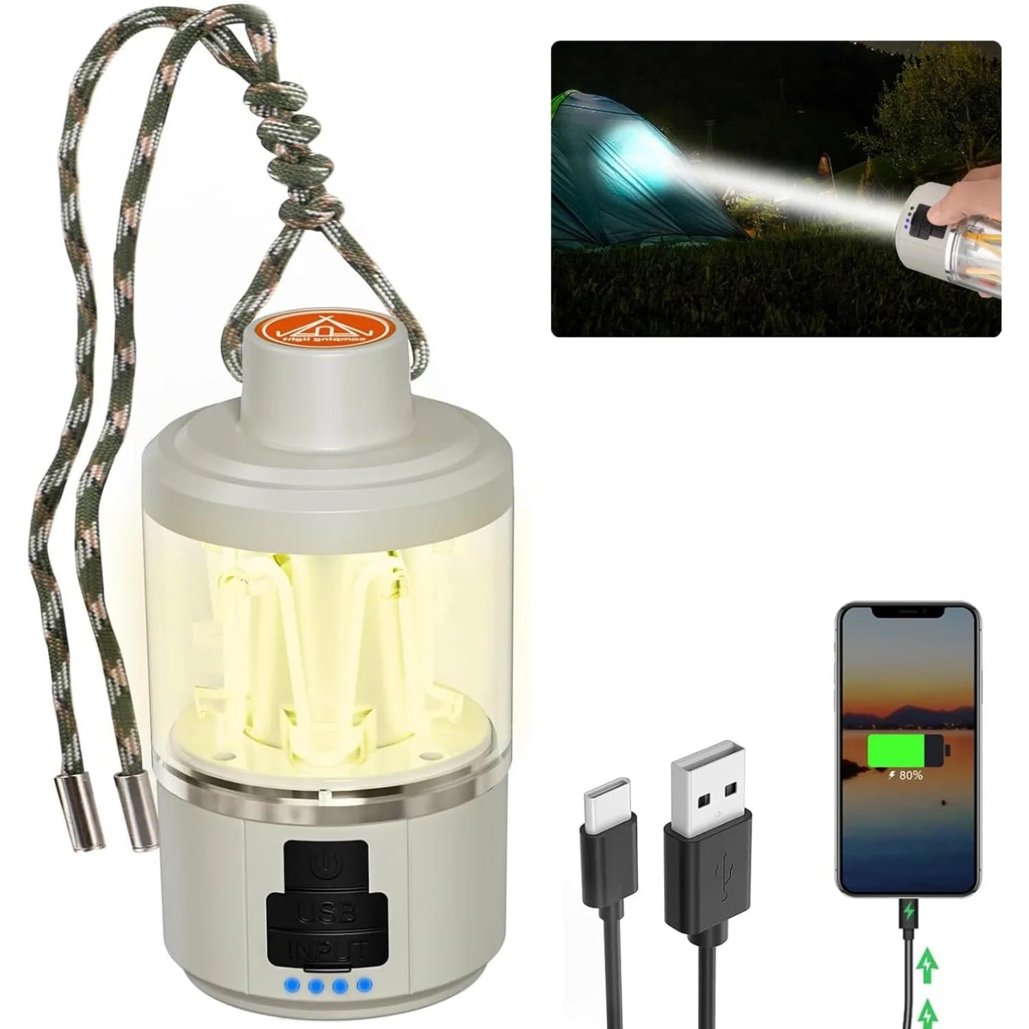 LED Camping Lantern Rechargeable, Cob Camping Lanterns Outdoor Flashlight, 3 Colors, Portable Battery Emergency Light, Suitable