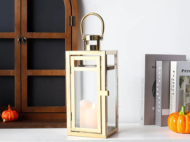 Stainless Steel Candle Holder Lantern
Gold Hanging  Metal Candlestick Light 
for Indoor -  Outdoor ,  Weddings, Parties, Home Decor