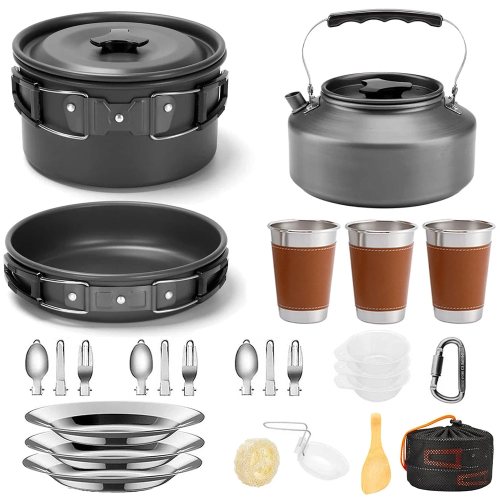 Camping Cookware Mess Kit, ---Lightweight Pot Pan Kettle Set with Cups Plates Forks Knives Spoons, 
Outdoor Cooking and Picnic