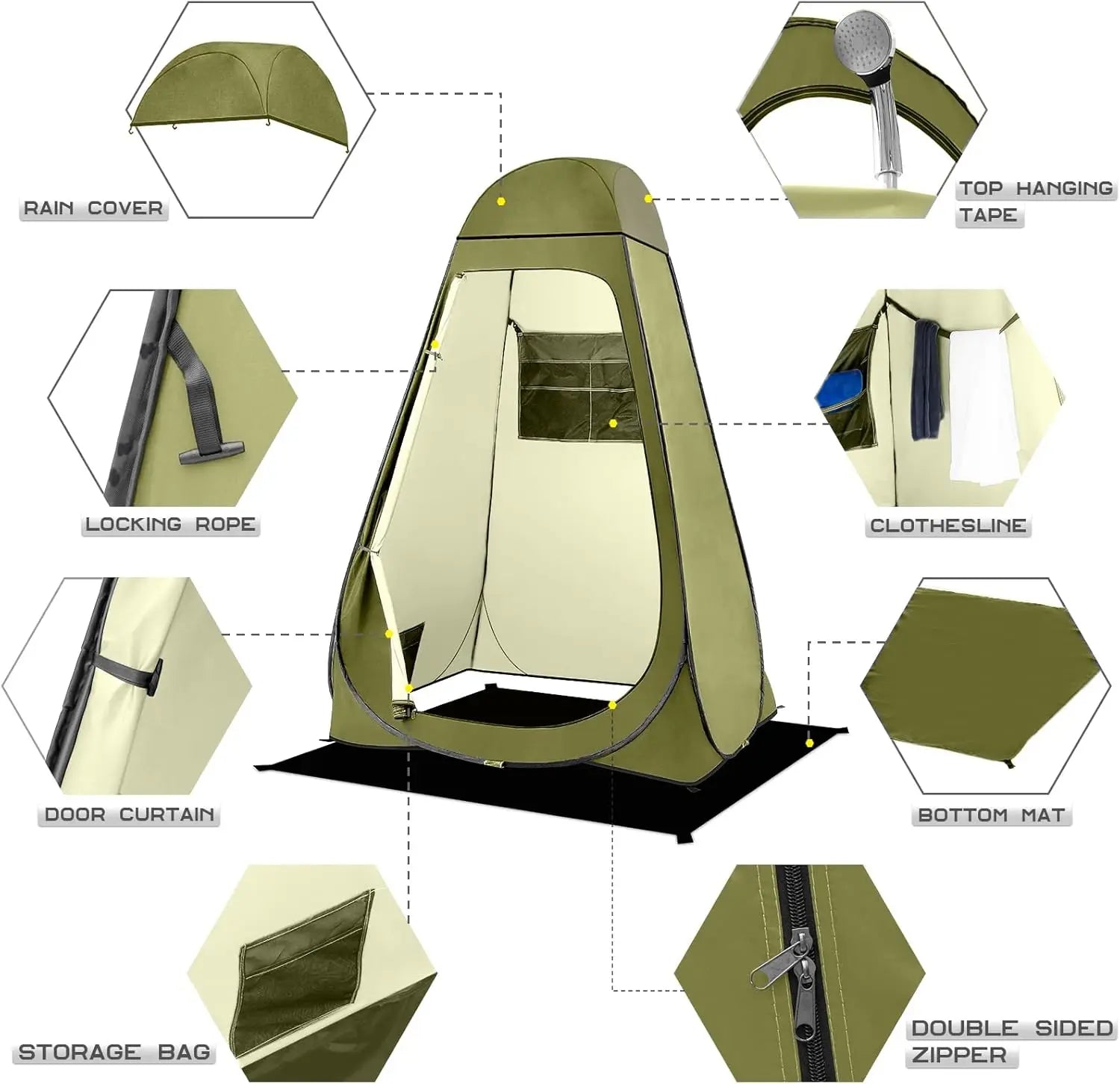 Pop Up Shower Tent, Portable Privacy 
Camping Changing Shelter with Rain Cover & Windows, UPF 50+ Waterproof