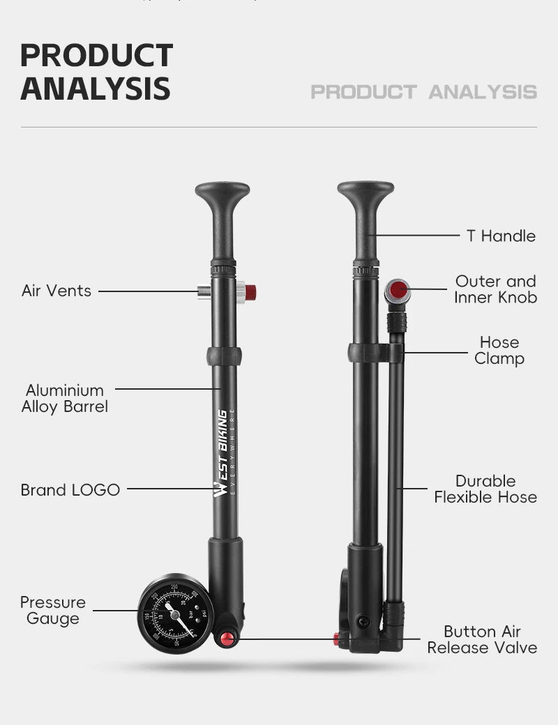WEST BIKING 400PSI Bicycle Air Pump
 High Pressure MTB Front, Rear Suspension Pressure Gauge Schrader Valve
