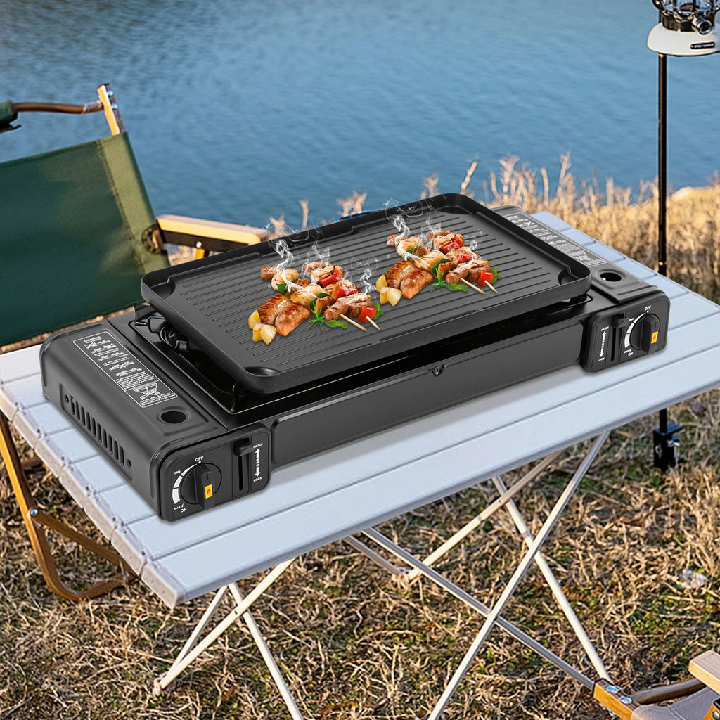 Butane Gas Camping Stove 
Dual Burner Portable Outdoor Grill for Picnic Hiking Trekkin
