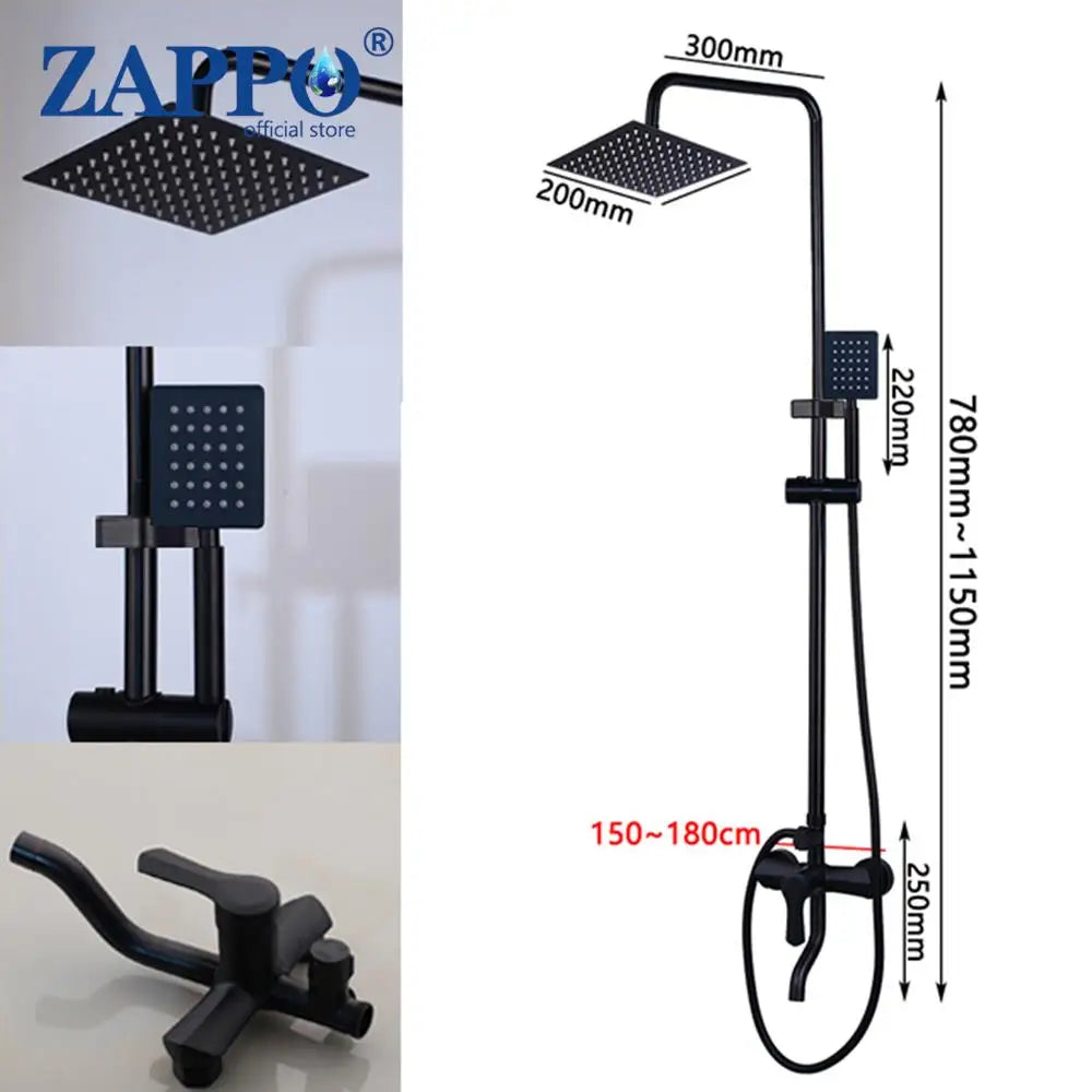 ZAPPO Matte Black Bathroom Shower Set 8 inch Rainfall , Wall Mounted 3-4 Function System & ABS Shelf