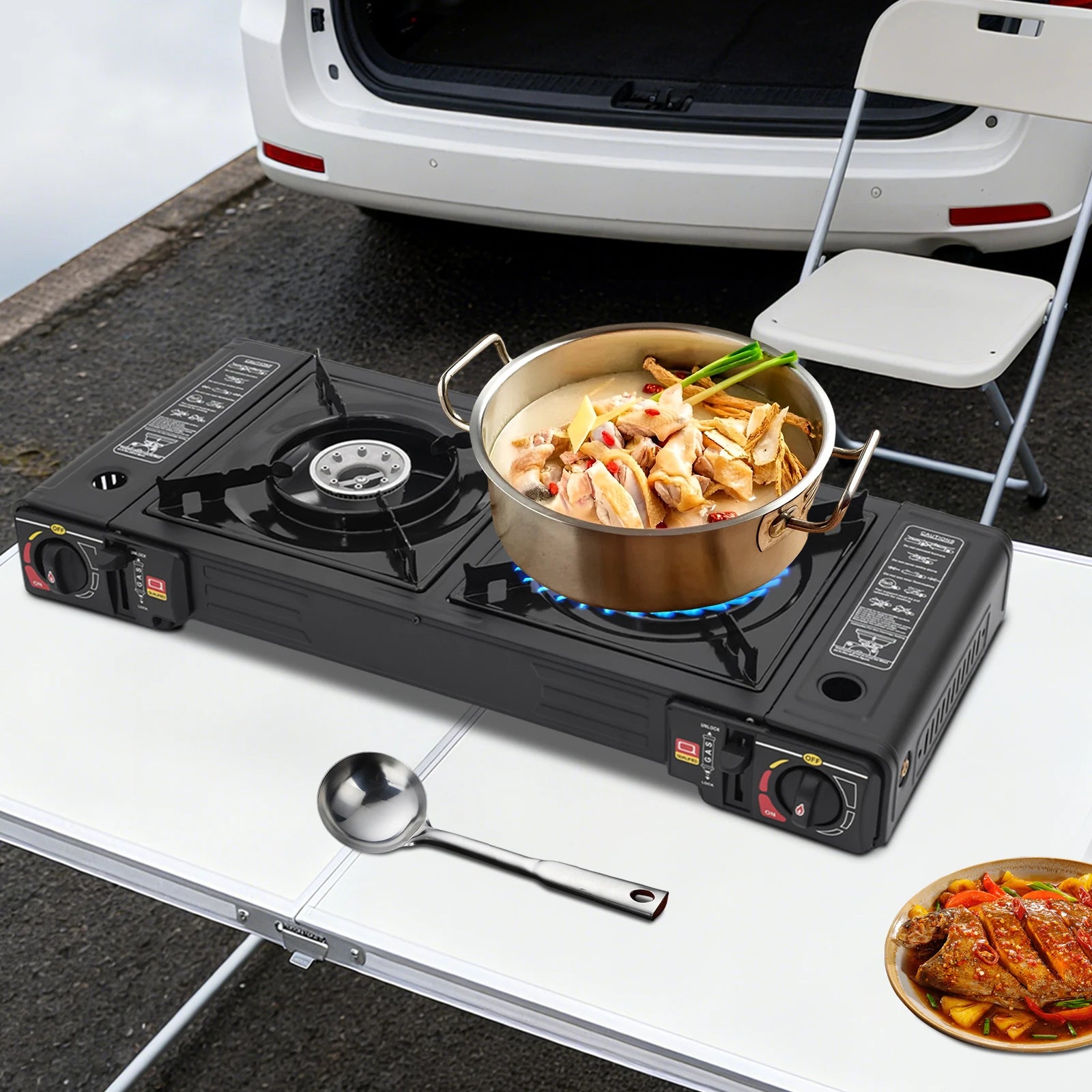 2 Burners-- Portable Camping Stove,     2.5KW Auto Ignition
Butane/LPG Gas  w/Baking Tray+Carrying Case for RV Outdoor Picnic BBQ