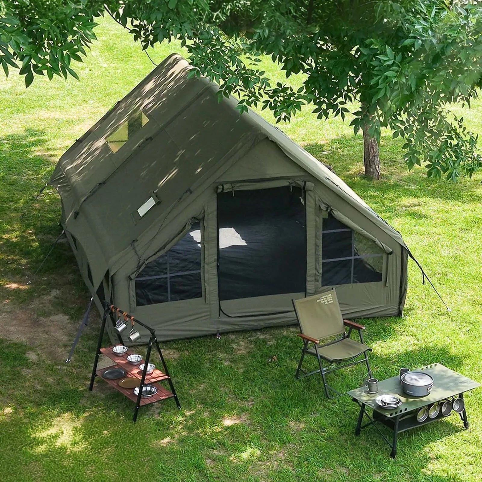 Army Green Waterproof Windproof Inflatable Tent 
for Camping,       4 Season Air Glamping Tent House with Chimney Opening,
AC Vent