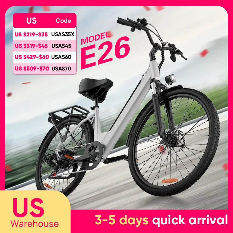 Peak 750W E26 Electric Bike for Adults | 48V 10.4Ah 
Removable Battery, Top Speed 20MPH, 26''X2" Standard Tire, 7-Speeds