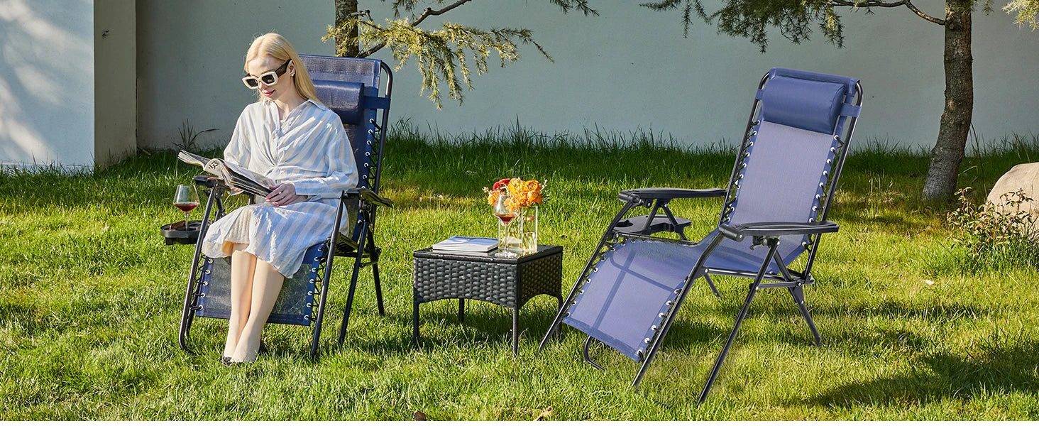Zero Gravity Set of 2 Portable Recliners
Camping ,Patio , Outdoor Garden Lounge Chair with Cup Holder ,Trays & Adjustable Pillow