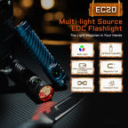 ACEBEAM EC20 new released Led flashlight
EDC LUXEON HL4X Leds 2800 lumens 
340 meters 18650 battery multi-color auxiliary lights
