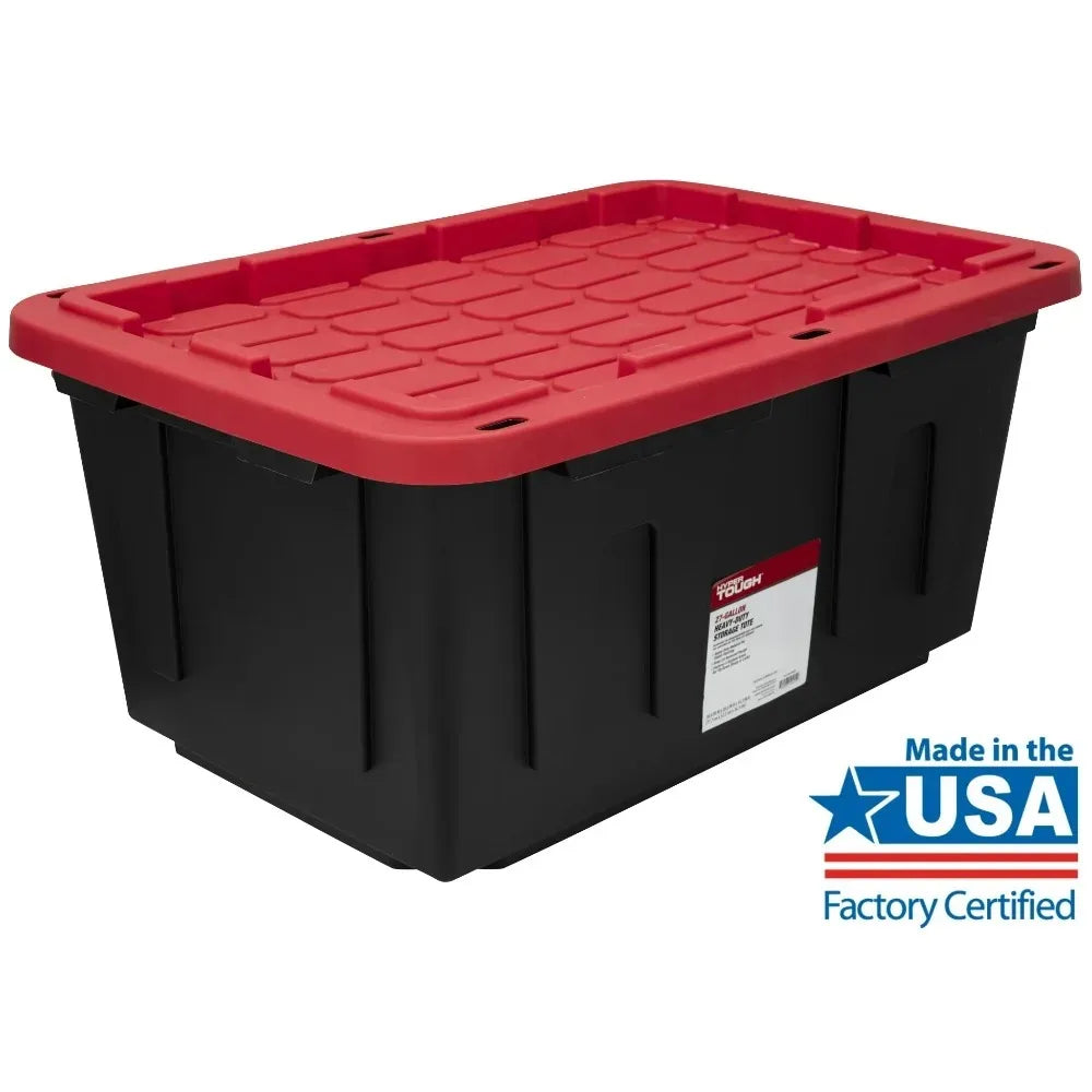 (6 pack/ 4pack) Hyper Tough Large Storage Bin, 27 Gallon Plastic Storage Container with Snap-On Lid, Black and Red