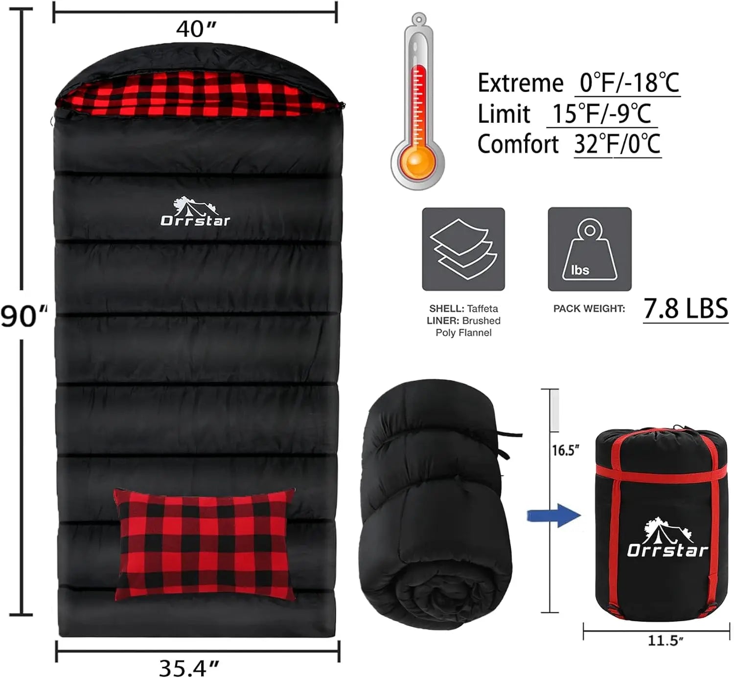 Extra Large Flannel Sleeping Bag for Adults, 0 Degree Cold Weather Camping with Pillow