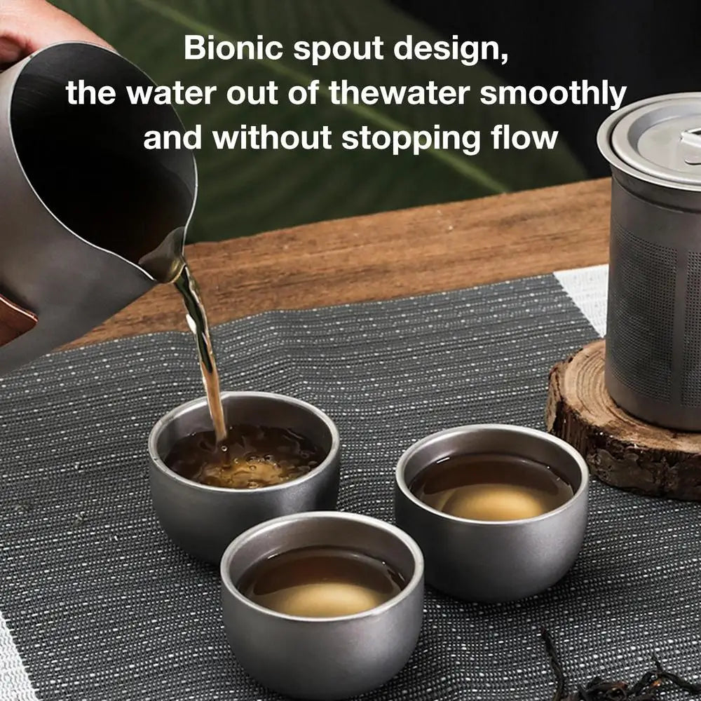 Camping Tableware Set 
Lightweight Titanium Coffee Pot Tea Kettle
 Outdoor Camping Kettle Set 3 Cups Tea Set For Hiking Picnic
