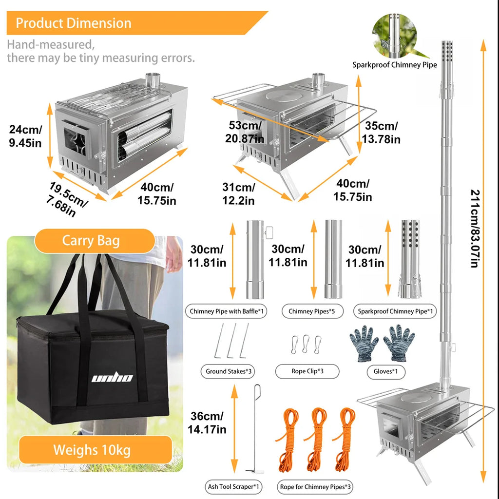 Hot Tent Stove,  , Portable Wood Stove with 6 Stainless Chimney Pipes for Outdoor Heating & Cooking