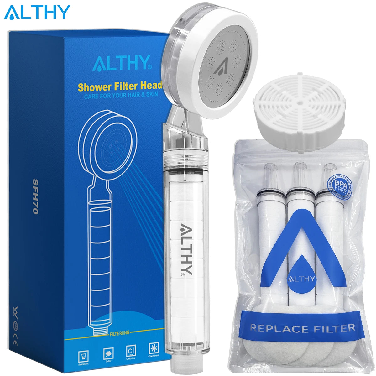 ALTHY High Pressure SPA Handheld Shower Head , 
Water Filter, Reduce Chlorine Heavy Metal, Improves Dry Skin,Hair Dandruff,Eczema