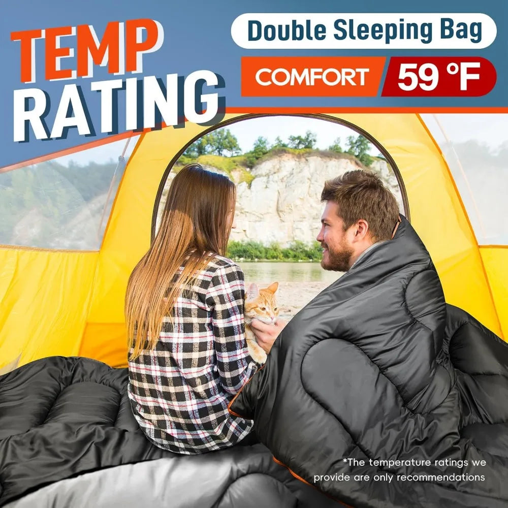 Two-Person XL Queen Size Sleeping Bag for Adults with Pillow, 
All-Season Camping Hiking Backpacking