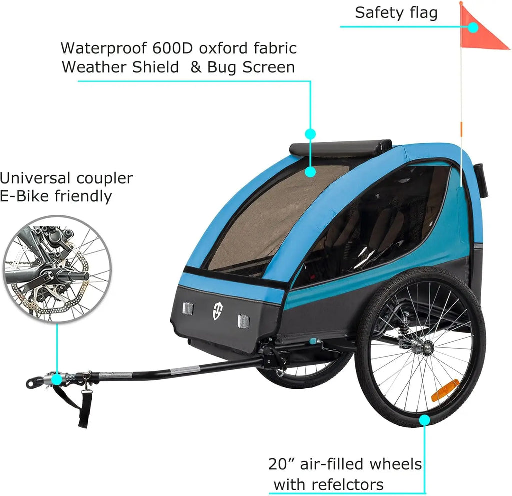 Suspension Bike Trailer & Stroller 2 in 1 Double Seat 
for Toddlers, Kids, Child Bicycle Carrier Jogger