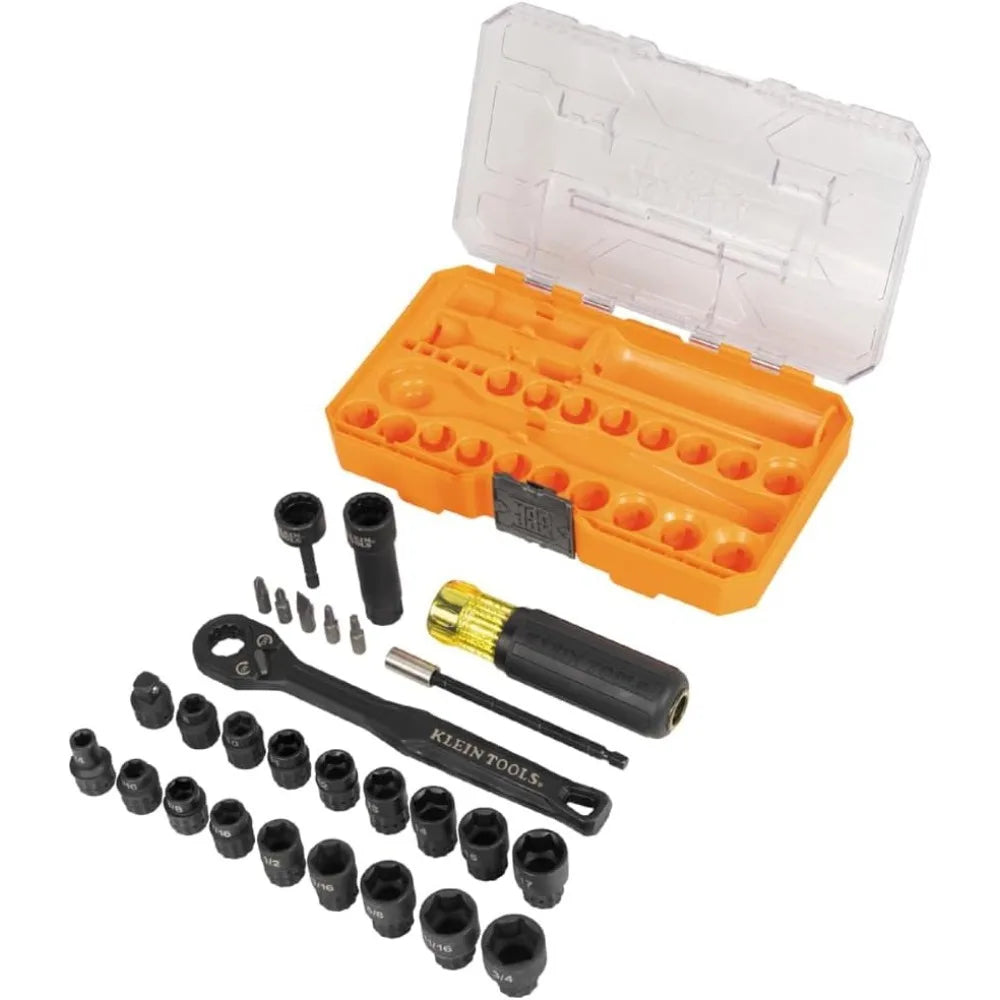 Klein Tools 65400KNECT KNECT Essential Pass Through Impact Socket Set, SAE and Metric, 90-Toot 3/8-Inch Drive, 28-Piece