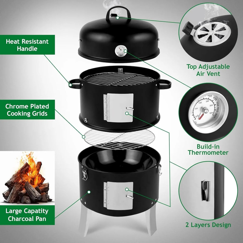 Vertical 18.5 Inch Steel Charcoal Smoker, 
Heavy Duty 3-in-1 Portable Outdoor Grill Cooker with Built-in Thermometer