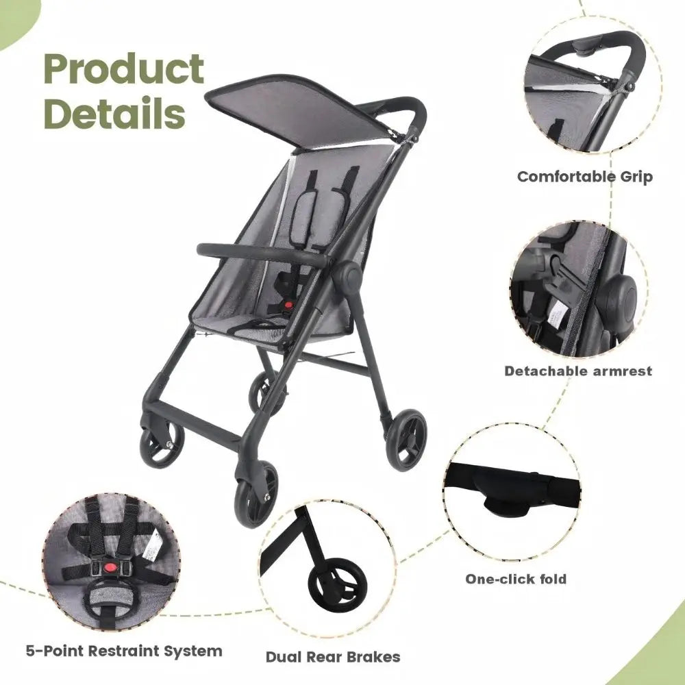 LIGHTWEIGHT STROLLER, 5-POINT HARNESS & ONE-HAND FOLD - Compact Travel Baby Pushchair with Canopy, All-Terrain Wheels