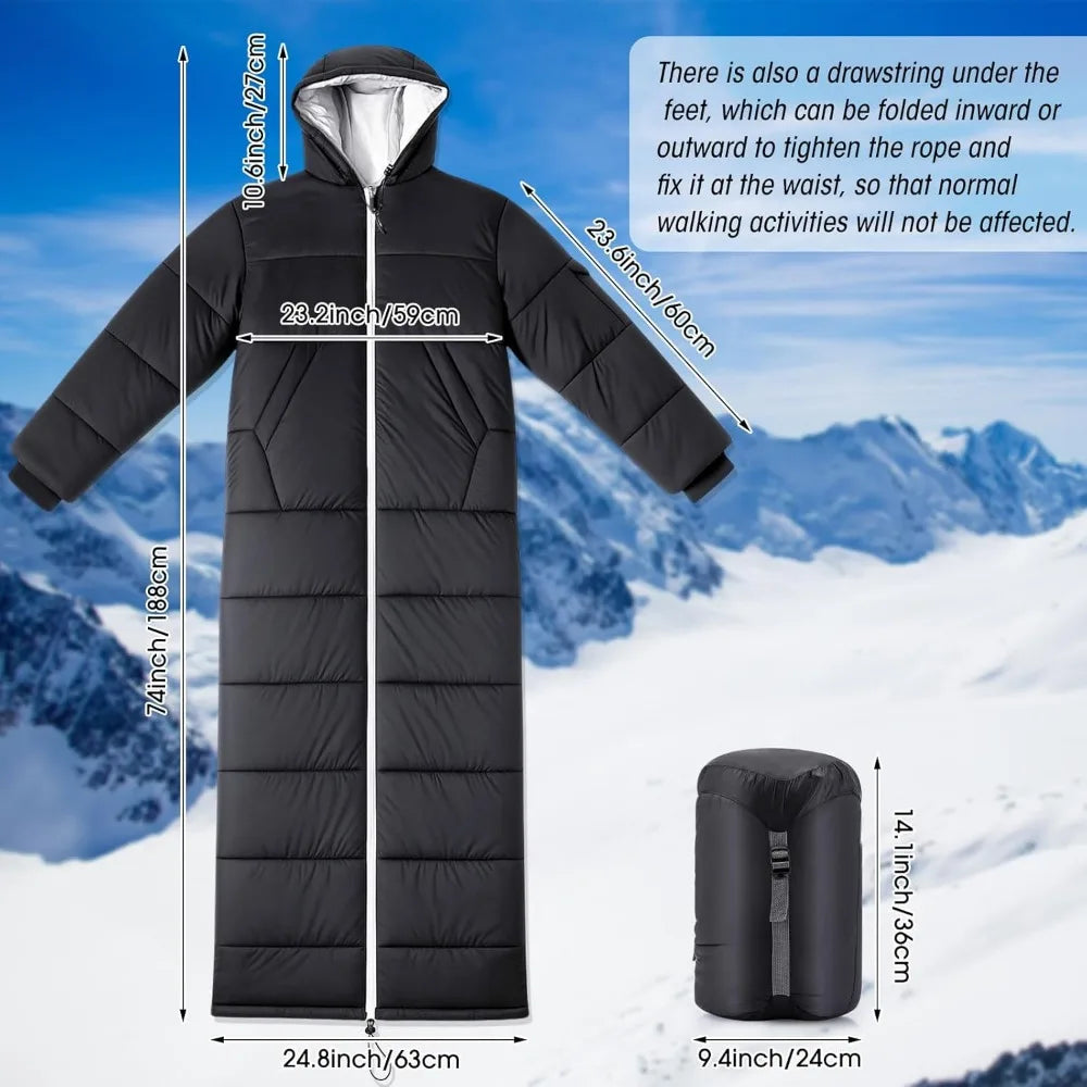 Adult Sleeping Bag with Sleeves and Hood, 74-Inch Long, 0
 Degree Cold Weather Insulated Sleeping Bag for Extreme Cold Weather