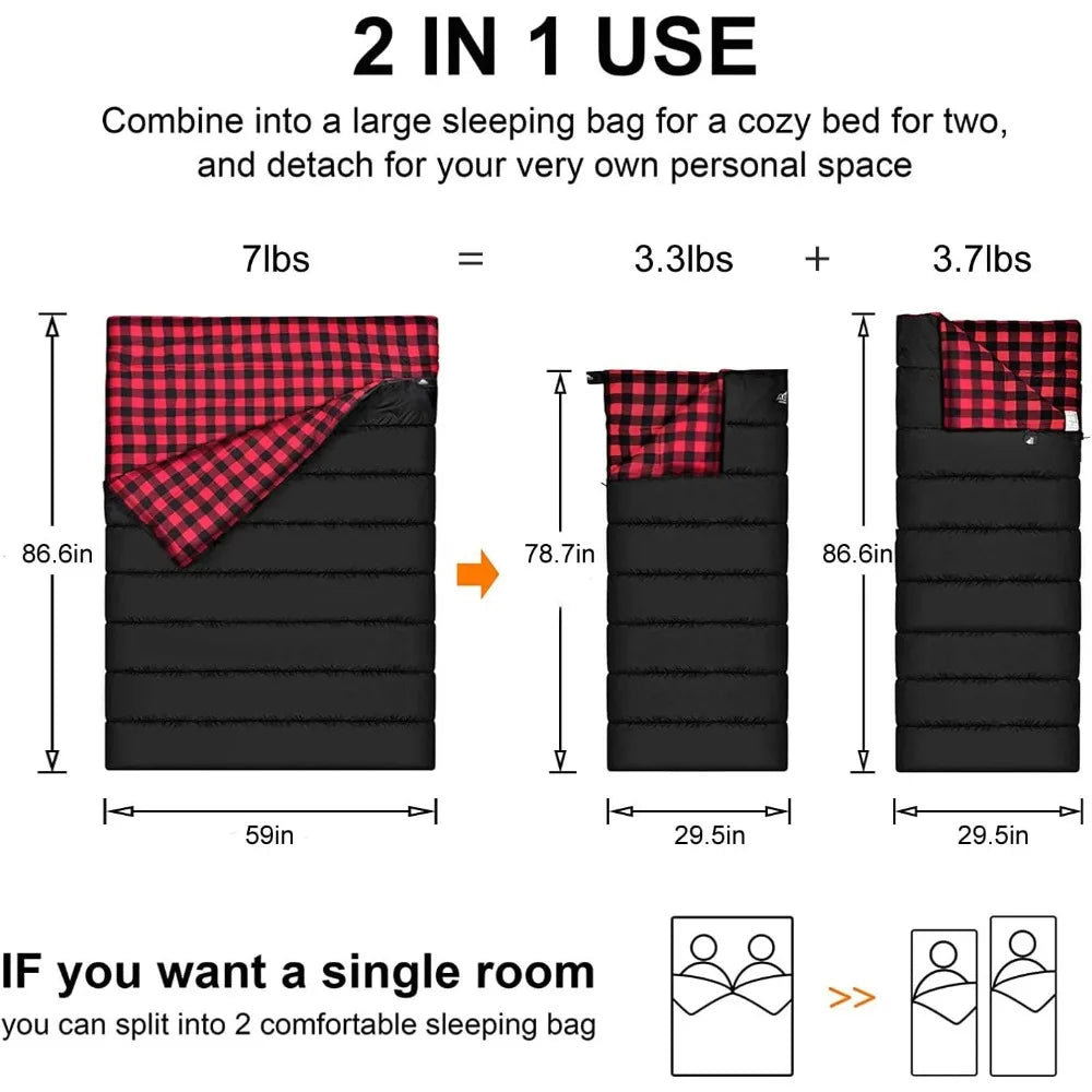 Waterproof 2-Person Cotton Flannel Sleeping Bag - 
Ideal for Camping, Backpacking, Hiking, and Outdoor Adventures