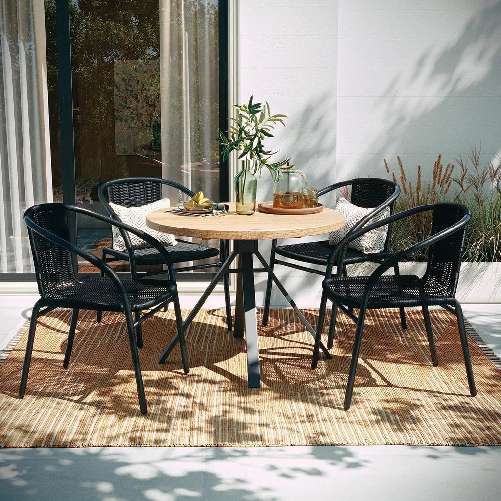 Set of 4 Stackable Rattan Chairs .
  Indoor / Outdoor Patio Curved Back, 
 Cross Bracing Black,