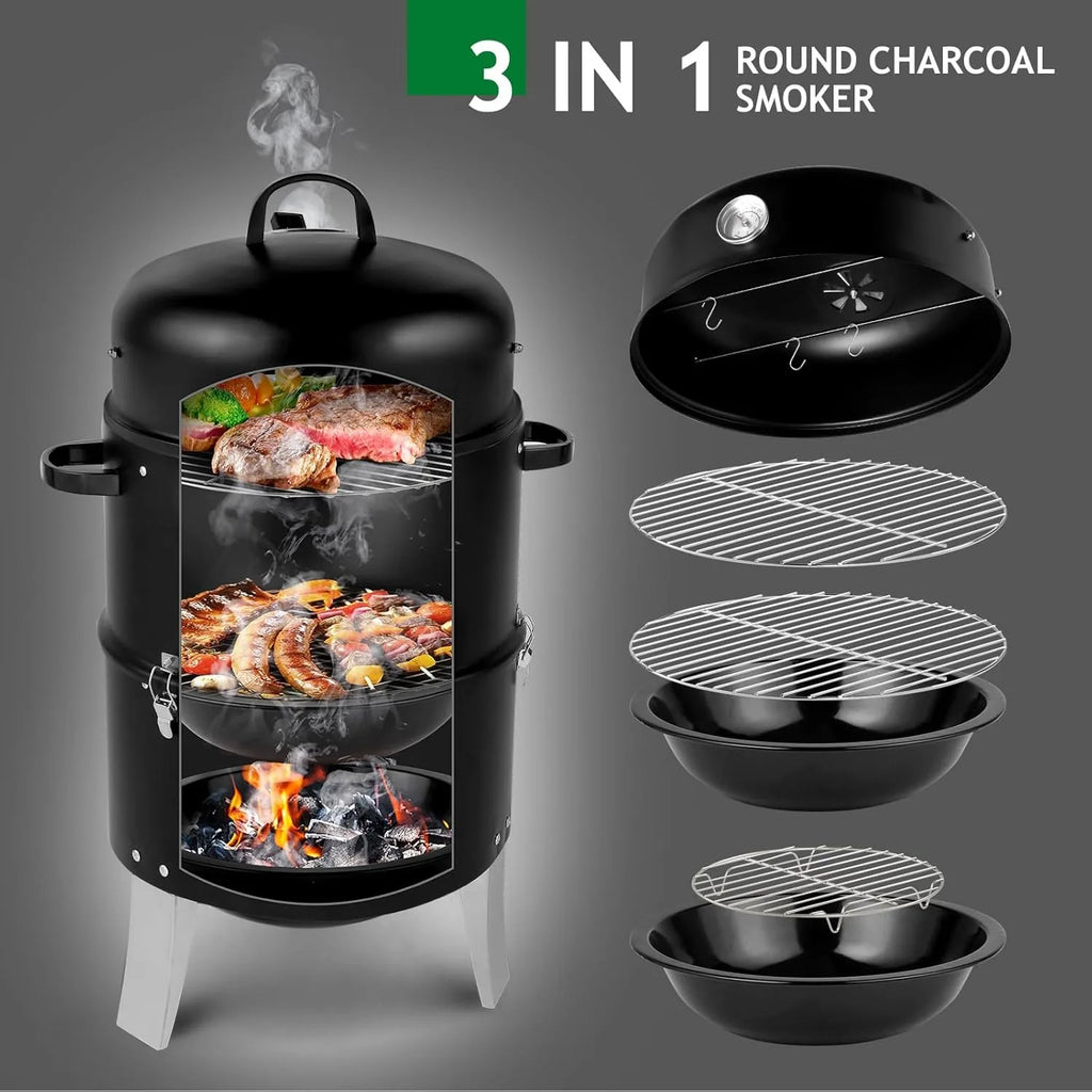 Vertical 18.5 Inch Steel Charcoal Smoker, 
Heavy Duty 3-in-1 Portable Outdoor Grill Cooker with Built-in Thermometer