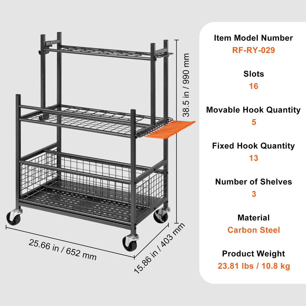 SucceBuy 16 Slots Garden Tool Organizer Yard Tool 
Tower Rack with Hooks Wheels 
Long-Handled Rake Stand Holder for Garage Storage