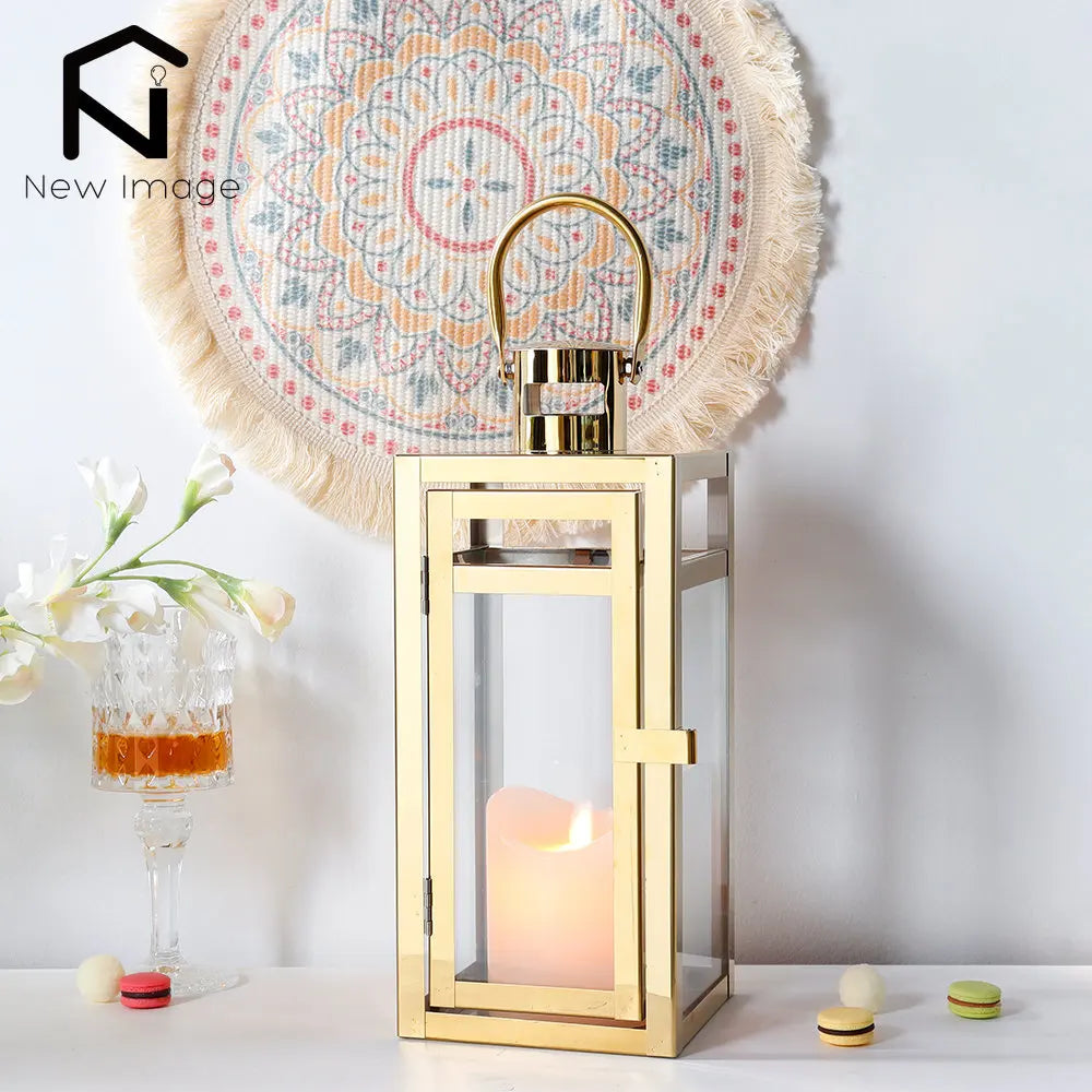 Stainless Steel Candle Holder Lantern
Gold Hanging  Metal Candlestick Light 
for Indoor -  Outdoor ,  Weddings, Parties, Home Decor