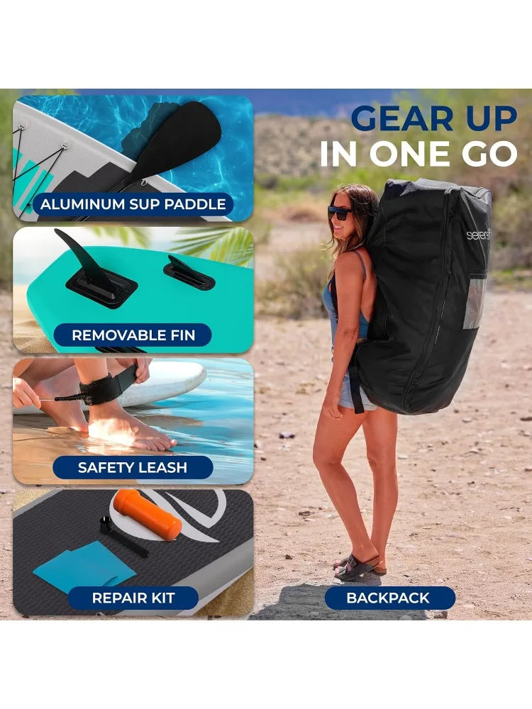 Inflatable 10’ Stand Up Paddle Board with 32” Wide Platform – 
Non-Slip EVA Deck, Drop-Stitch Construction, 3-Piece Al