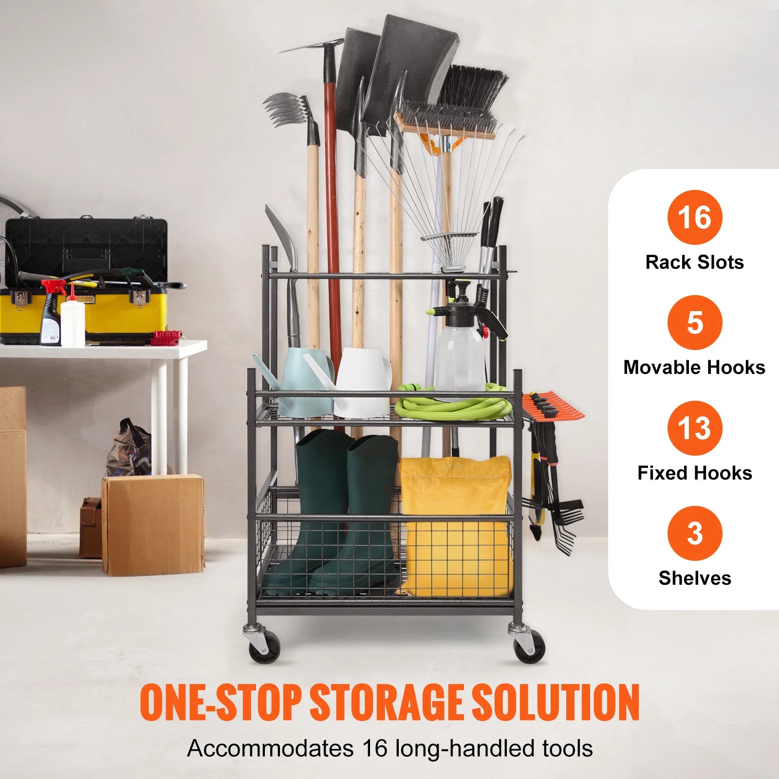 SucceBuy 16 Slots Garden Tool Organizer Yard Tool 
Tower Rack with Hooks Wheels 
Long-Handled Rake Stand Holder for Garage Storage